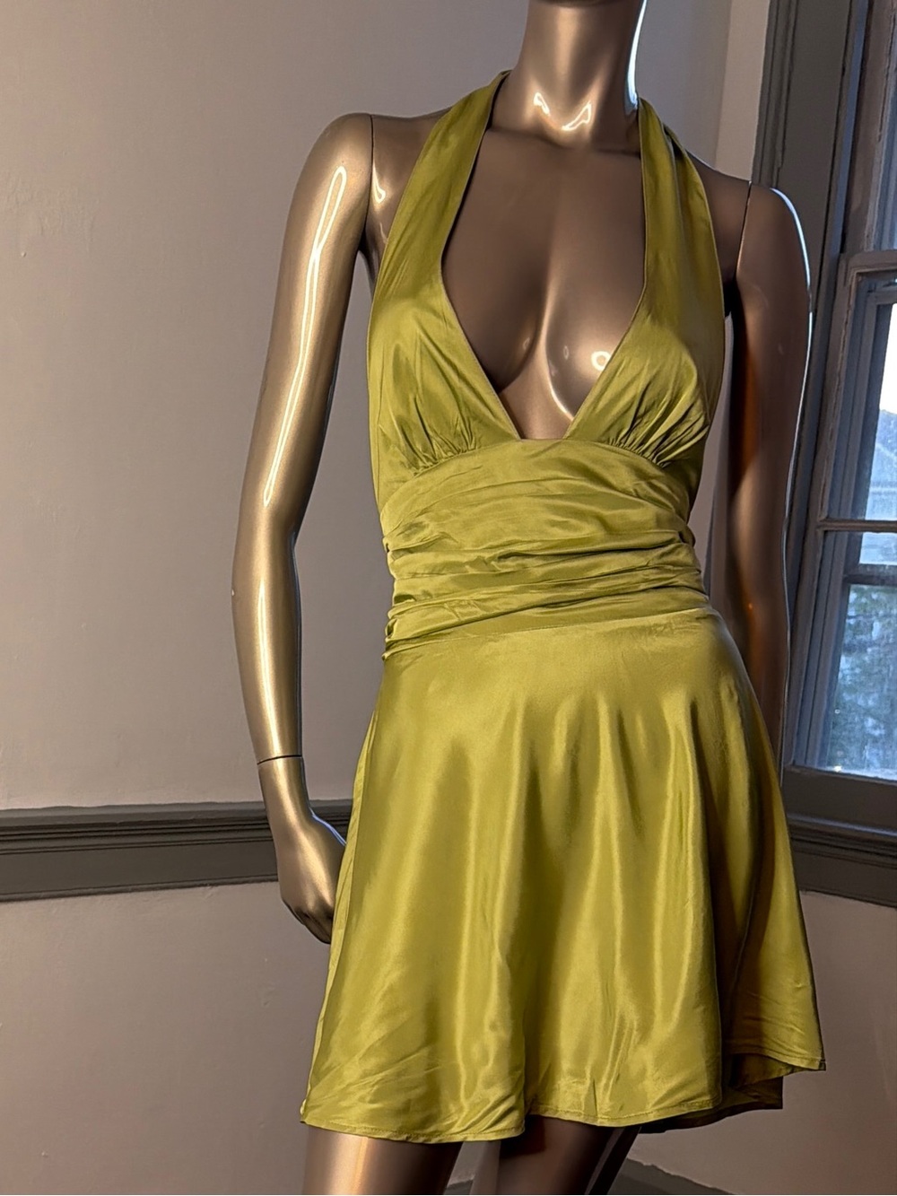Sky To Moon Lime Green Halter Open Back Mini Dress Size M Ruched
